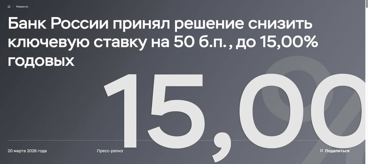 Центробанк снизил ключевую ставку с 15,5% до 15%
